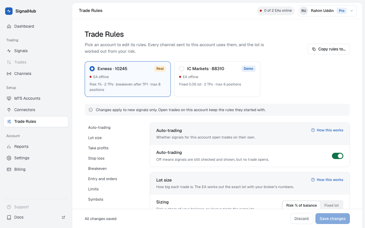 Trade Rules · an account picked, sections on the left